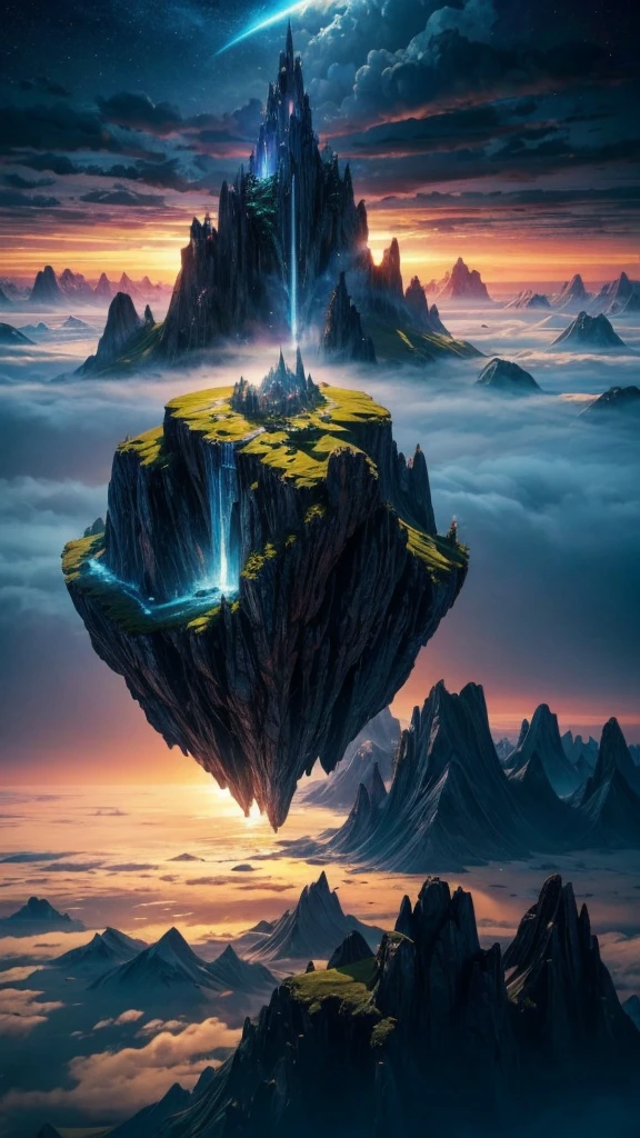 a mysterious floating island in the sky, people freely flying around, cinematic lighting, ethereal atmosphere, vibrant colors, highly detailed, photorealistic, 8k,best quality,masterpiece,concept art,fantasy,sci-fi,dramatic,dynamic,epic