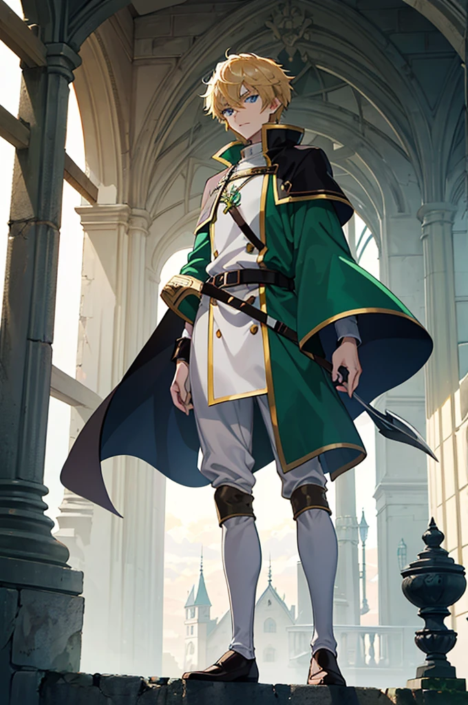 a closeup of a person standing on a ledge with a castle in the background, dry, tall anime boy with blue eyes, young blond, , Fancy, thief, male blonde ranger, beautiful androgynous prince, anime key art, kvothe of Name of the wind, male anime character, handsome boy in Demon Slayer art, with a green cape