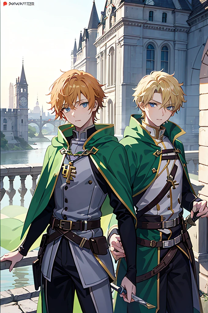 a closeup of a person standing on a ledge with a castle in the background, dry, tall anime boy with blue eyes, young blond, , Fancy, thief, male blonde ranger, beautiful androgynous prince, anime key art, kvothe of Name of the wind, male anime character, handsome boy in Demon Slayer art, with a green cape