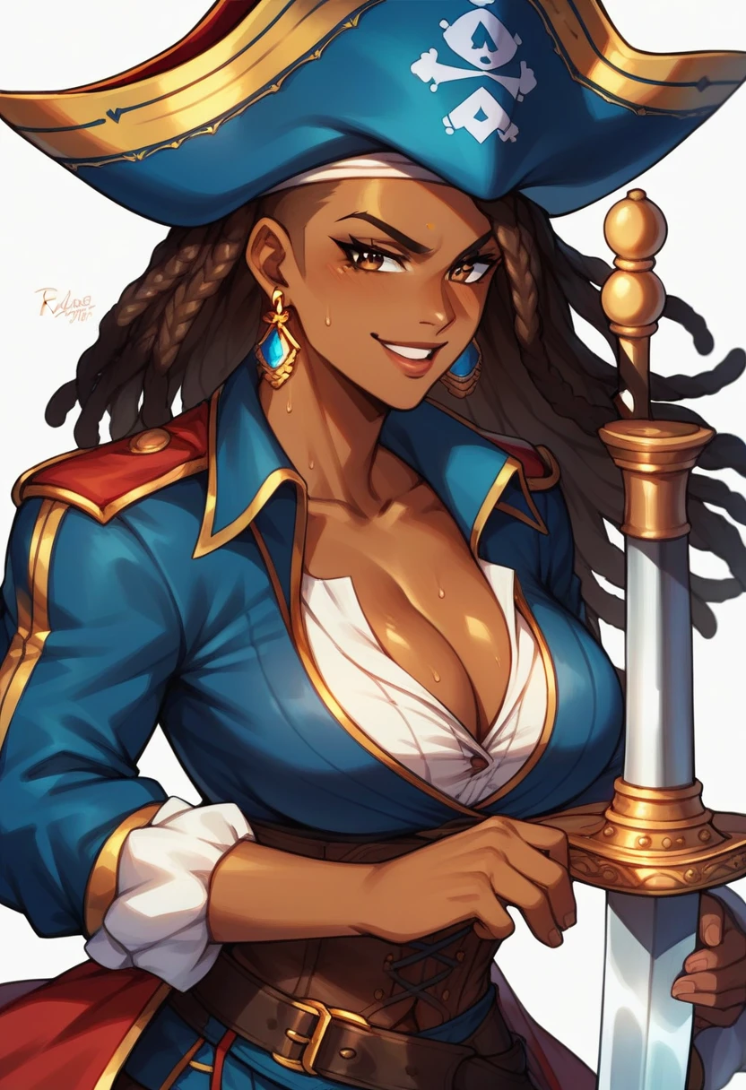 (masterpiece), best quality, expressive eyes, perfect face, perfect eyes, perfect hair, perfect body, perfect hands, perfect fingers, high detail, best detail, pirate, cavalier pirate hat, pirate leathers, holding sword, , cocky smile, confident, dominant, powerful, pirate raid, raiding ship, fighting, dark skin, beautiful brown skin, beautiful dreadlocks, Adult Female, sweat, toned body, alone, brown hair, brown eyes,