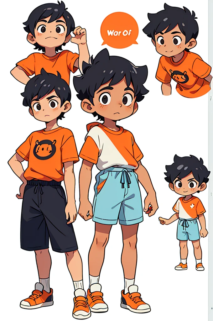 Javi is a curious and adventurous 20-year-old boy, with short black wavy hair. Javi is wearing a basic orange short-sleeved shirt. cartoon illustration style. simple, Cute illustration with bright colors on a white background.