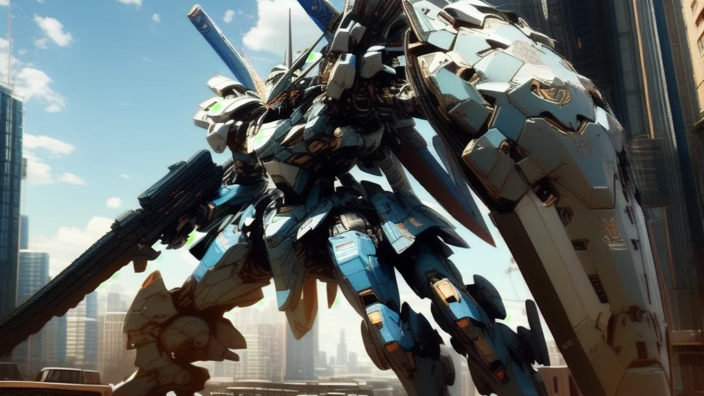 best quality, masterpiece, highly detailed, ultra-detailed,(blue sky:1.1), cloud, holding_weapon, a (((mecha))) with sleek and menacing design, (mecha armor:1.5),glowing ,heroic parts, mechanical parts, (long legs:1.5),robot joints,(huge shield:1.2),(battle-ready:1.2),(powerful stance:1.3),(Detailed eye description:1.2),(huge mechanical weapon:1.3),(detailed armor description:1.2),(detailed shield description:1.2),(detailed weapon description:1.2),(huge mechanical gun:1.2),(holding gun and weapon :1.3) BREAK building, glowing_eyes, science_fiction, city, realistic,