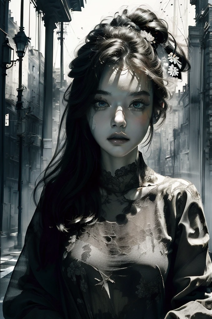 (Masterpiece, Best Quality, ultra detailed: 1.6), illustration, (Single, 1 girl, Beautiful detailed eyes: 1.2), City, street, Fine matte dark horror paint