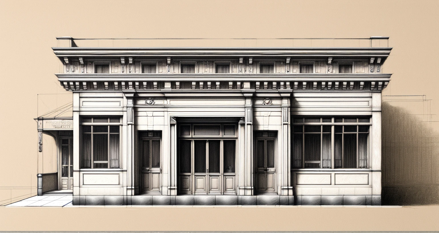a drawing of a small building, building facing, storefront, wide establishing shot, street elevation, frontview, front - facing perspective, orthographic front view, wide angle exterior 2022, freddy mamani silvestre facade, orthographic 3d rendering, symmetrical front view, shop front, front facing