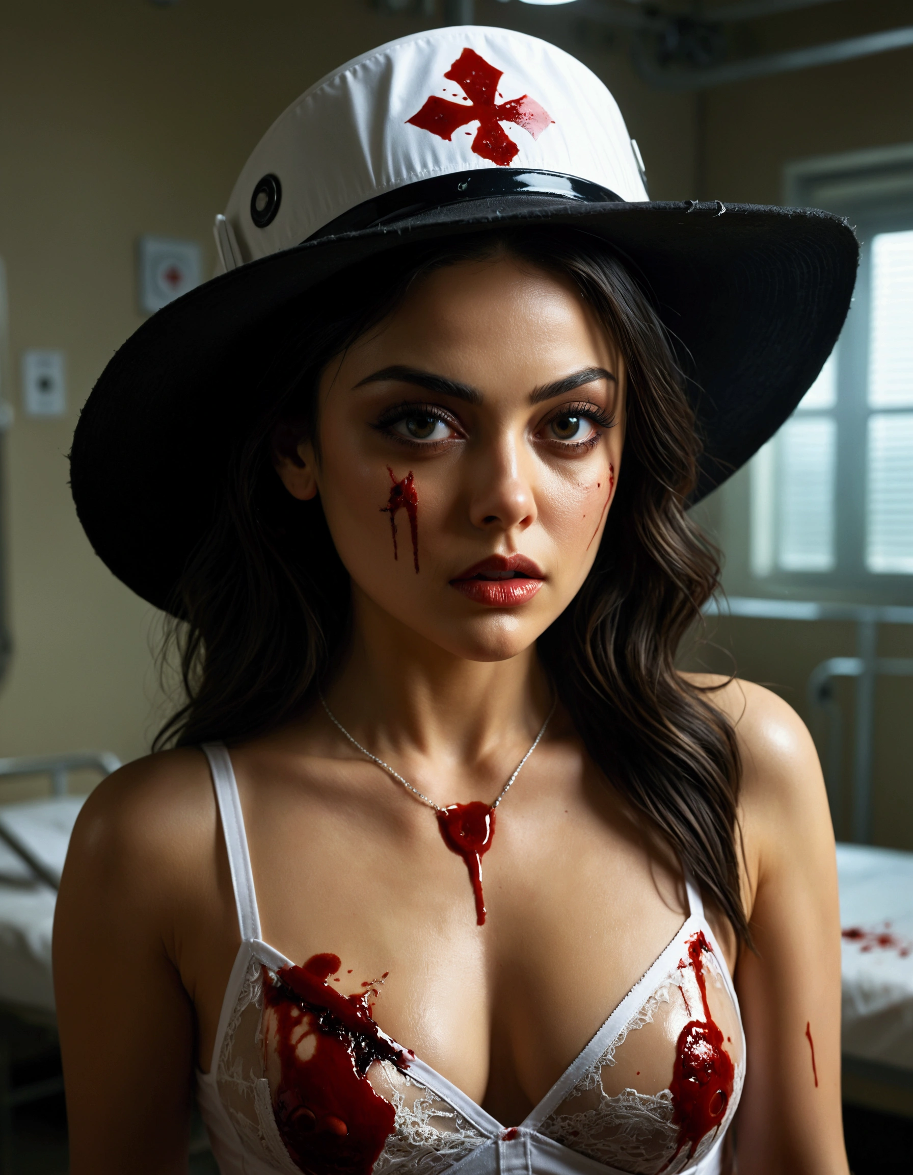 Mila Kunis,25 years old,beautiful detailed eyes,beautiful detailed lips,extremely detailed eyes and face,longeyelashes,sultry pose,dirty dangerous sexy nurse lingerie, sexy nurse hat, face mask (dangling and bloody) holding up a bone saw,horror,blood spatter,hospital room,oil painting,chiaroscuro lighting,dark moody colors,cinematic composition,hyper realistic,8k,masterpiece,unreal engine,dramatic lighting