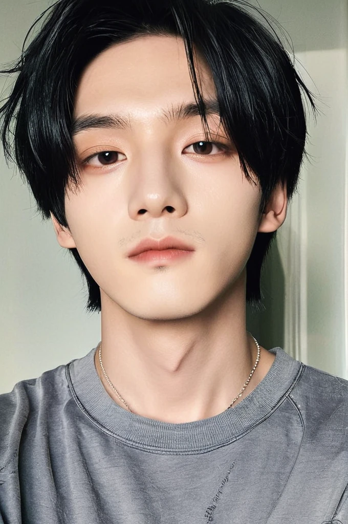 One boy, Young man with black hair (Mash Straight Hair),Male K-Pop Idols, Levi Ackerman, Medium portrait,chop, Beautiful Model, Oval Face, Vivid,Selfie,(In a dark room),The whole body is shown