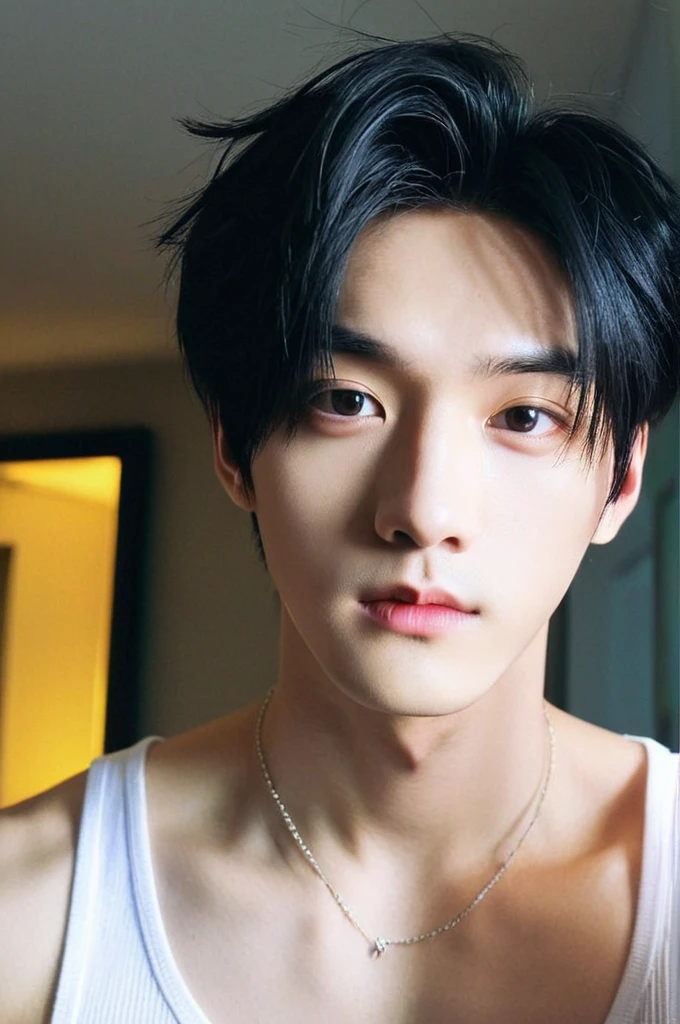 One boy, Young man with black hair  (Mash Straight Hair),Male K-Pop Idols, Levi Ackerman, Medium portrait,chop, Beautiful Model, Oval Face, Vivid,Selfie,(In a dark room),The whole body is shown