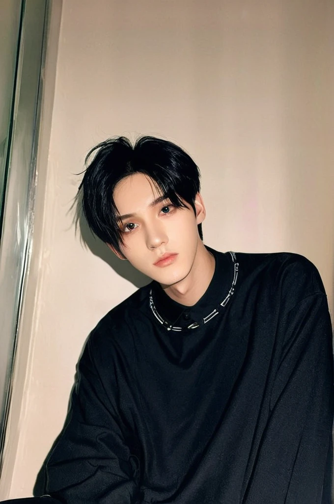 One boy, Young man with black hair  (Mash Straight Hair),Male K-Pop Idols, Levi Ackerman, Medium portrait,chop, Beautiful Model, Oval Face, Vivid,Selfie,(In a dark room),The whole body is shown