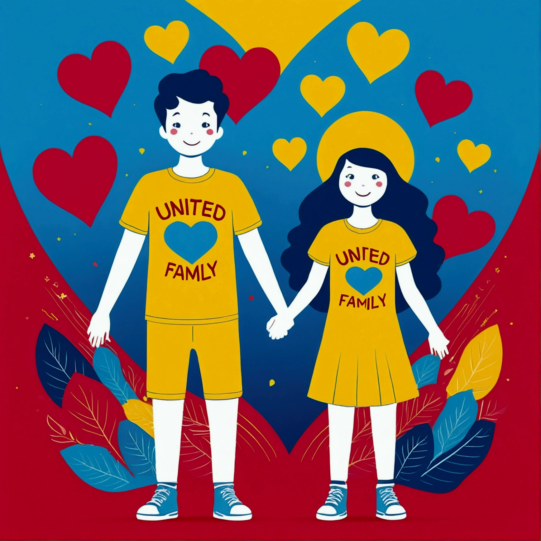 "Cheerful, vector; Triadic color palette (red, yellow, blue). Design with the phrase 'United Family' in a 'fun font'. Add a design of holding hands and hearts around the phrase. Surrealist, synthwave style: : t-shirt vector, central composition, simple background::2 mockup::-2 --upbeta --ar 1:1."
