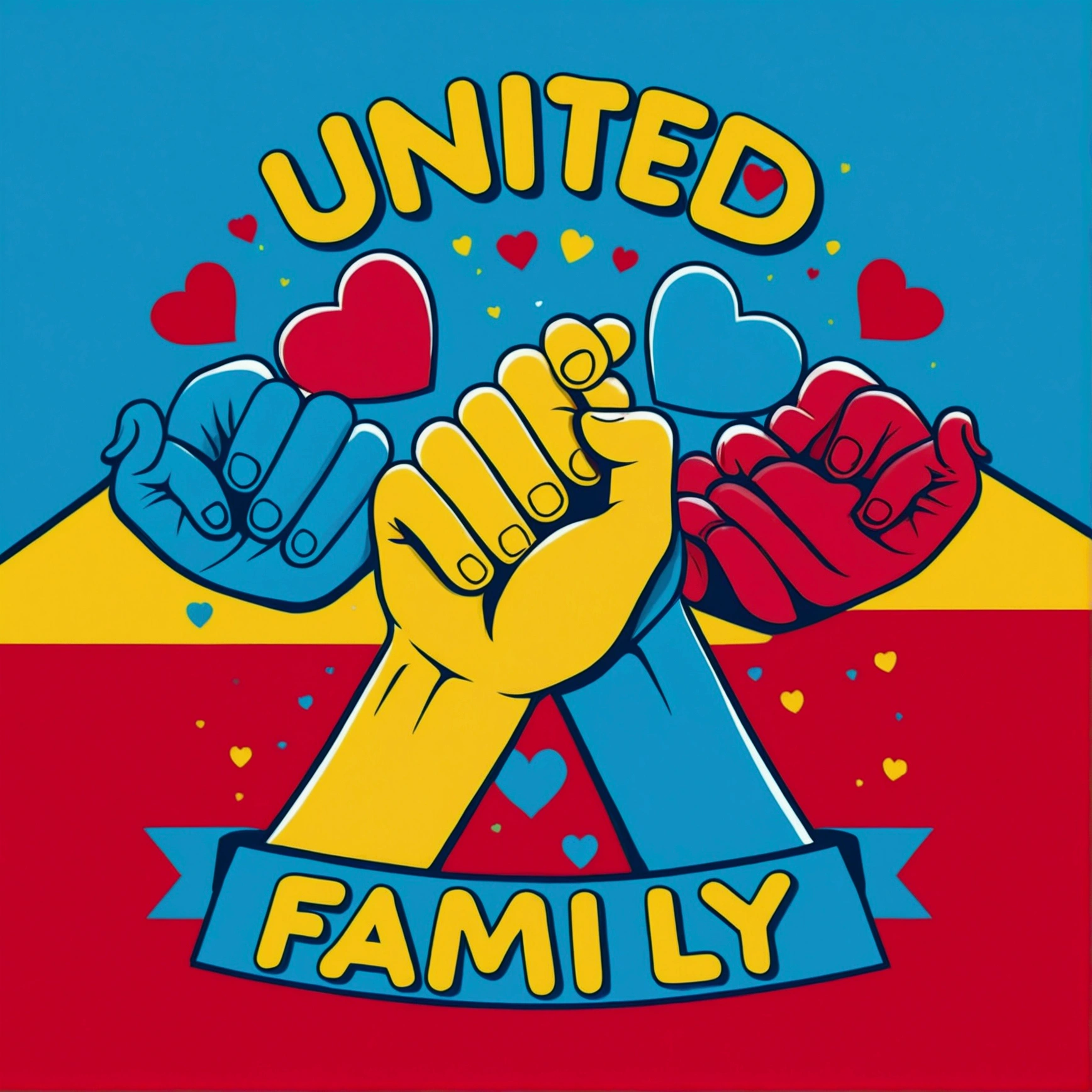 "Cheerful, vector; Triadic color palette (red, yellow, blue). Design with the phrase 'United Family' in a 'fun font'. Add a design of holding hands and hearts around the phrase. Surrealist, synthwave style: : t-shirt vector, central composition, simple background::2 mockup::-2 --upbeta --ar 1:1."