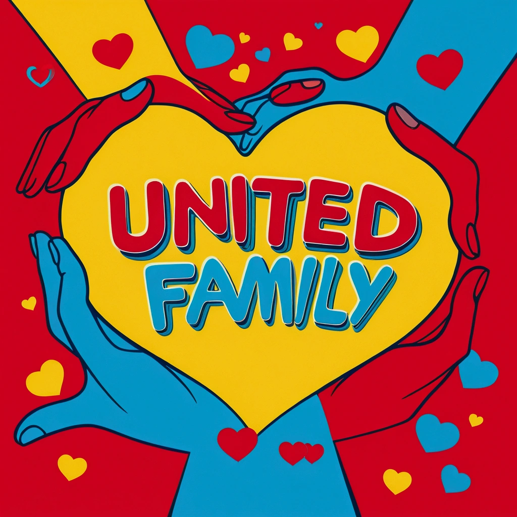 "Cheerful, vector; Triadic color palette (red, yellow, blue). Design with the phrase 'United Family' in a 'fun font'. Add a design of holding hands and hearts around the phrase. Surrealist, synthwave style: : t-shirt vector, central composition, simple background::2 mockup::-2 --upbeta --ar 1:1."