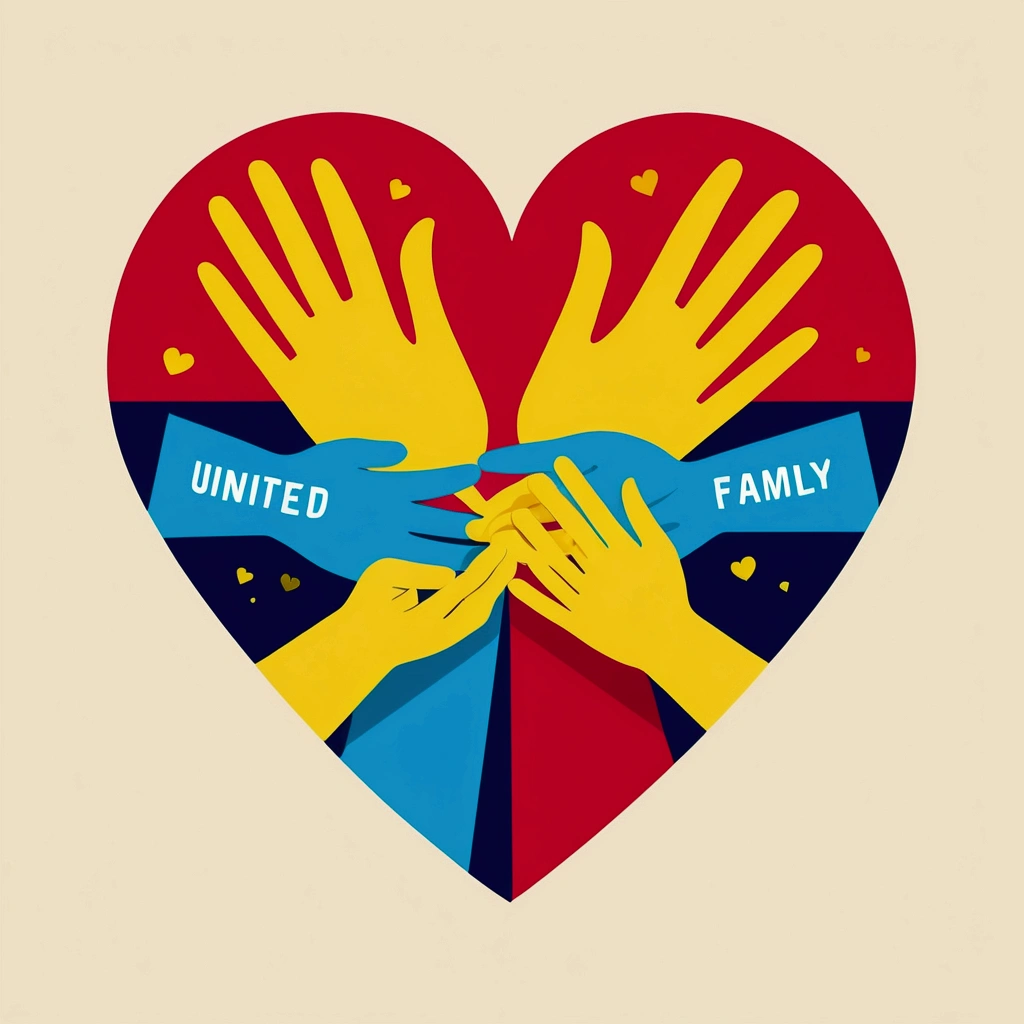 "Cheerful, vector; Triadic color palette (red, yellow, blue). Design with the phrase 'United Family' in a 'fun font'. Add a design of holding hands and hearts around the phrase. Surrealist, synthwave style: : t-shirt vector, central composition, simple background::2 mockup::-2 --upbeta --ar 1:1."