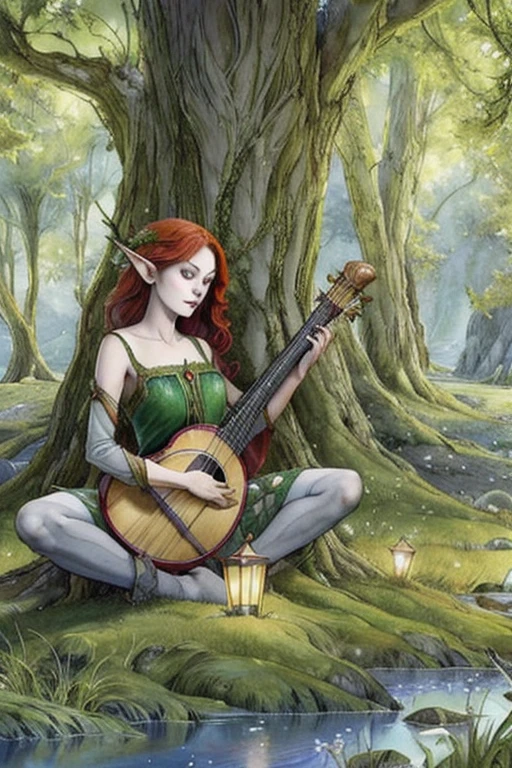 Young lamia girl with red hair and gray eyes, playing a musical instrument lute, images of fairies and elves have been added to the drawing, lake and forest in the background, fantasy art, Stephanie from the Shadowverse_Law_style, detailed, spicy, HD, HDR, masterpiece, Best quality, better resolution, Golden ratio, screensaver, cinematic lighting, depth of field, epic, dramatic