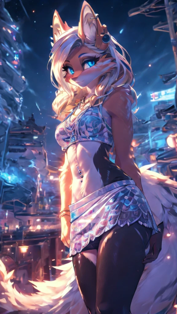 anime girl,tennage girl 18 years old, animated style, Linda Cita Kotori Viva, shy girl , kitsune ears, dark natasha art, city landscape, art by vixen aztra, whole body, beautiful legs, thin waist, wide hips, navel White blouse, White&pink skirt, navel piercing, ear piercing, navel tattoo, daring pose, back posture, fluffy tail, sensual eyes (the best definition) wide, black flash, city festival, city nightlife, girl, idol girl, girl with microphone singing, deep blue eyes (High Definition), White&pink dress, super mega star idol, Aura Pura, light silhouette, radiant silhouette of golden light, his body shines, The best lighting in photography., mermaid miniskirt, lovely girl, sending kiss, heart love