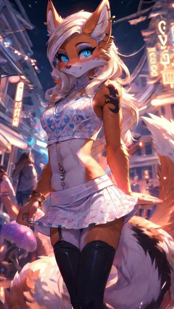 anime girl,tennage girl 18 years old, animated style, Linda Cita Kotori Viva, shy girl , kitsune ears, dark natasha art, city landscape, art by vixen aztra, whole body, beautiful legs, thin waist, wide hips, navel White blouse, White&pink skirt, navel piercing, ear piercing, navel tattoo, daring pose, back posture, fluffy tail, sensual eyes (the best definition) wide, black flash, city festival, city nightlife,  girl, idol girl, girl with microphone singing, deep blue eyes (High Definition), White&pink dress, super mega star idol, Aura Pura, light silhouette, radiant silhouette of golden light, his body shines, The best lighting in photography., mermaid miniskirt, lovely girl, sending kiss, heart love