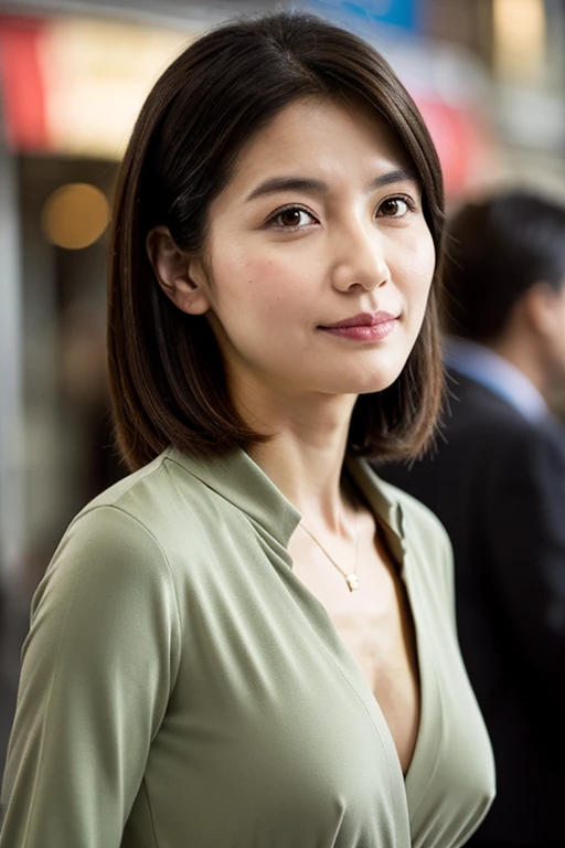 ((Flat Chest:1.5)), ((Flat Chest:1.5)), ((Flat Chest:1.5)), ((Flat Chest:1.5)), ((skinny:1.5)), ((Small breasts:1.5)), (View your audience:1.5), (Looking into the camera:1.5), Japanese, The most beautiful Doctor,  Physical build, Short arms, ((length, Narrow eyes)), Fleeting atmosphere, 38 years old, (Beautiful straight light brown medium hair:1.5), bangs, ((Thin lips)), ((In the city of Ginza)), ((Midi length, belted, open-front shirt dress with collar)), ((necklace)), masterpiece, Highest quality, Detailed skin, Detailed face, fine grain, 8k, Excellent anatomy, Portraiture, (Dynamic pose:1.5), Very small mole on left cheek,