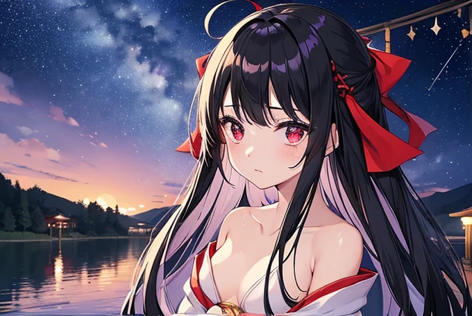 girl、One person、15 years old、Black Hair、Very long hair、Red Eyes、Small breasts、Shrine maiden、Beautiful Face、Expressionless、Detailed skin、Wet Skin、Kneeling、((night、Starry Sky))、moon、lake、mysterious、looking at the camera、Show off your breasts、Looking up at the sky