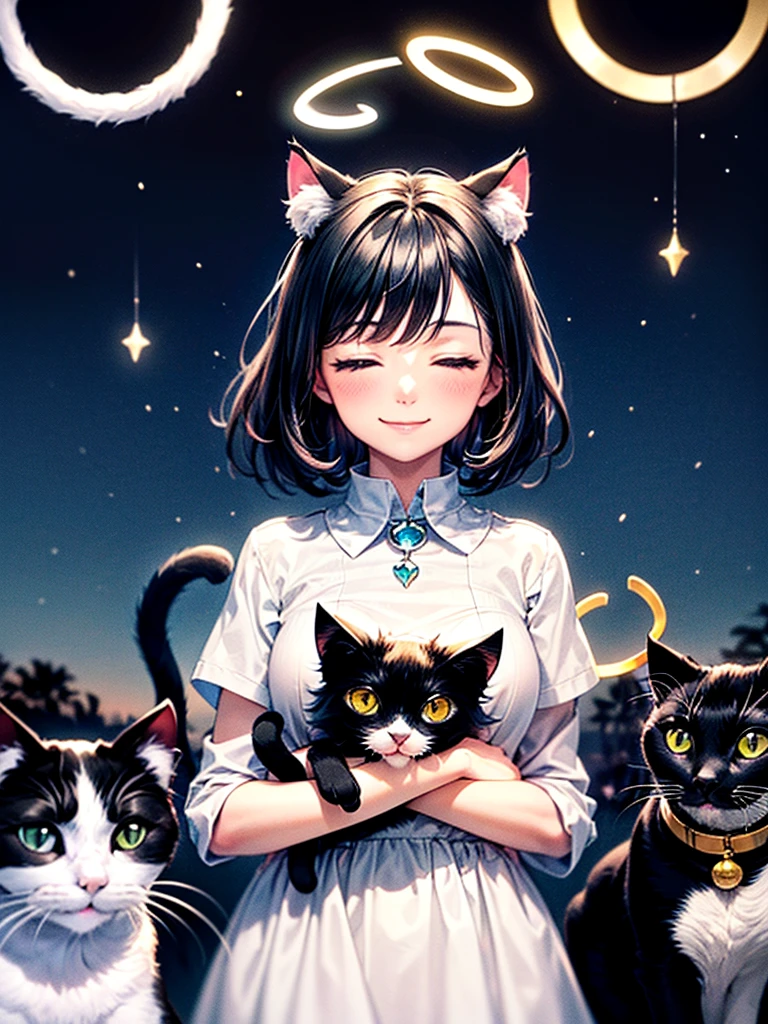 Highest Resolution,Highest quality,Beautiful girl with a smile and her eyes closed, with her hands on her chest,Night Sky,meteor,Starry Sky,In the sky1Animal(((Illusion of a black and white cat with a halo))),
