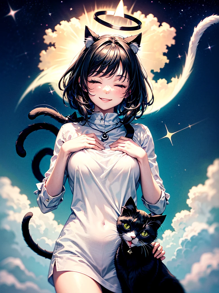 Highest Resolution,Highest quality,Beautiful girl with a smile and her eyes closed, with her hands on her chest,Night Sky,meteor,Starry Sky,In the sky１Animal(((Illusion of a black and white cat with a halo))),