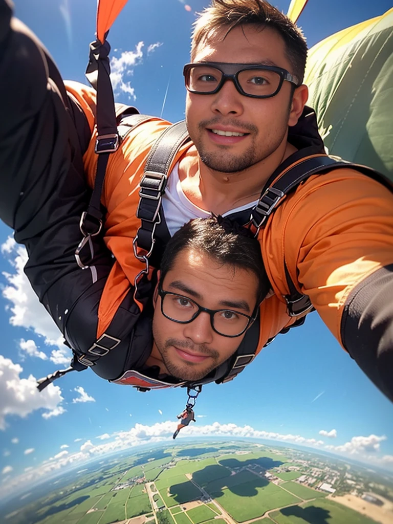 crew cut, (((full body))), (((landscape))), mature man, [slightly fat], asian man, rounded face, brown eyes, ((rounded face)), glasses, balding, 1boy, Solo, (big shoulders), (((stubbles, Short beard))), a young man with short, disheveled black hair, close-up portrait, looking directly at the camera, (((goggles, skydiving, falling through the sky with a parachute))), cinematic lighting, dramatic clouds, dynamic composition, high-quality, cinematic, photorealistic, highly detailed, volumetric lighting, beautiful blue hour sky, stunning natural lighting