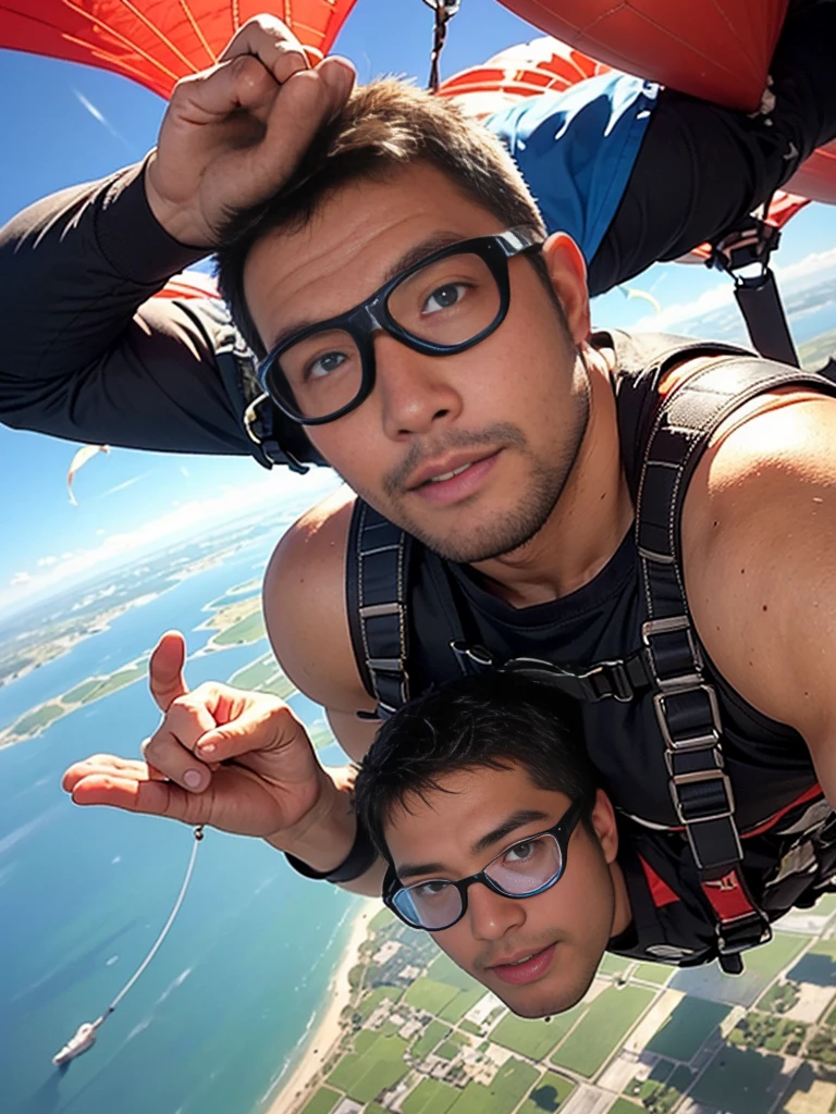 crew cut, (((full body))), (((landscape))), mature man, [slightly fat], asian man, rounded face, brown eyes, ((rounded face)), glasses, balding, 1boy, Solo, (big shoulders), (((stubbles, Short beard))), a young man with short, disheveled black hair, close-up portrait, looking directly at the camera, (((goggles, skydiving, falling through the sky with a parachute))), cinematic lighting, dramatic clouds, dynamic composition, high-quality, cinematic, photorealistic, highly detailed, volumetric lighting, beautiful blue hour sky, stunning natural lighting