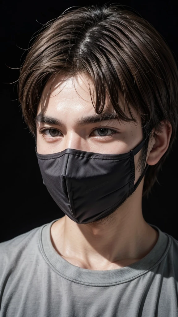 Man with standalone face mask and I have brown and dark background