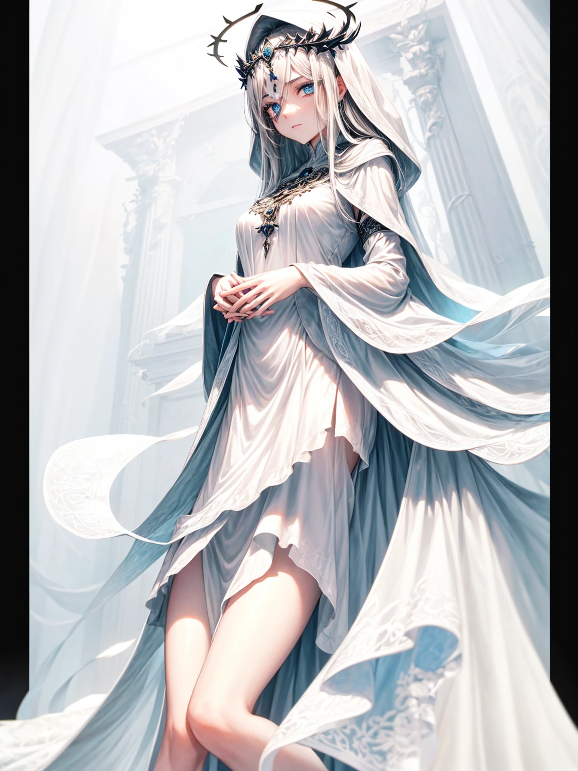 a young dark fantasy church priestess, with long black hair and white streaks, wearing an eyepatch on one eye, and her blueish green eyes, she cares a serious expression on her face and an angel like appearance, she wears elegant yet simple and modest black outfit, with some silver jewelry, she also wears a long see through veil on her head, with a faded sliver star shaped halo at the behind her head, she is holding her hands together symbolizing a prayer gesture.Long Hair, Black Hair, Blue eyes, mysterious, Hood, Halo, Anatomically Correct, Best Quality, Accurate, High Resolution, Looking at viewer, back view
