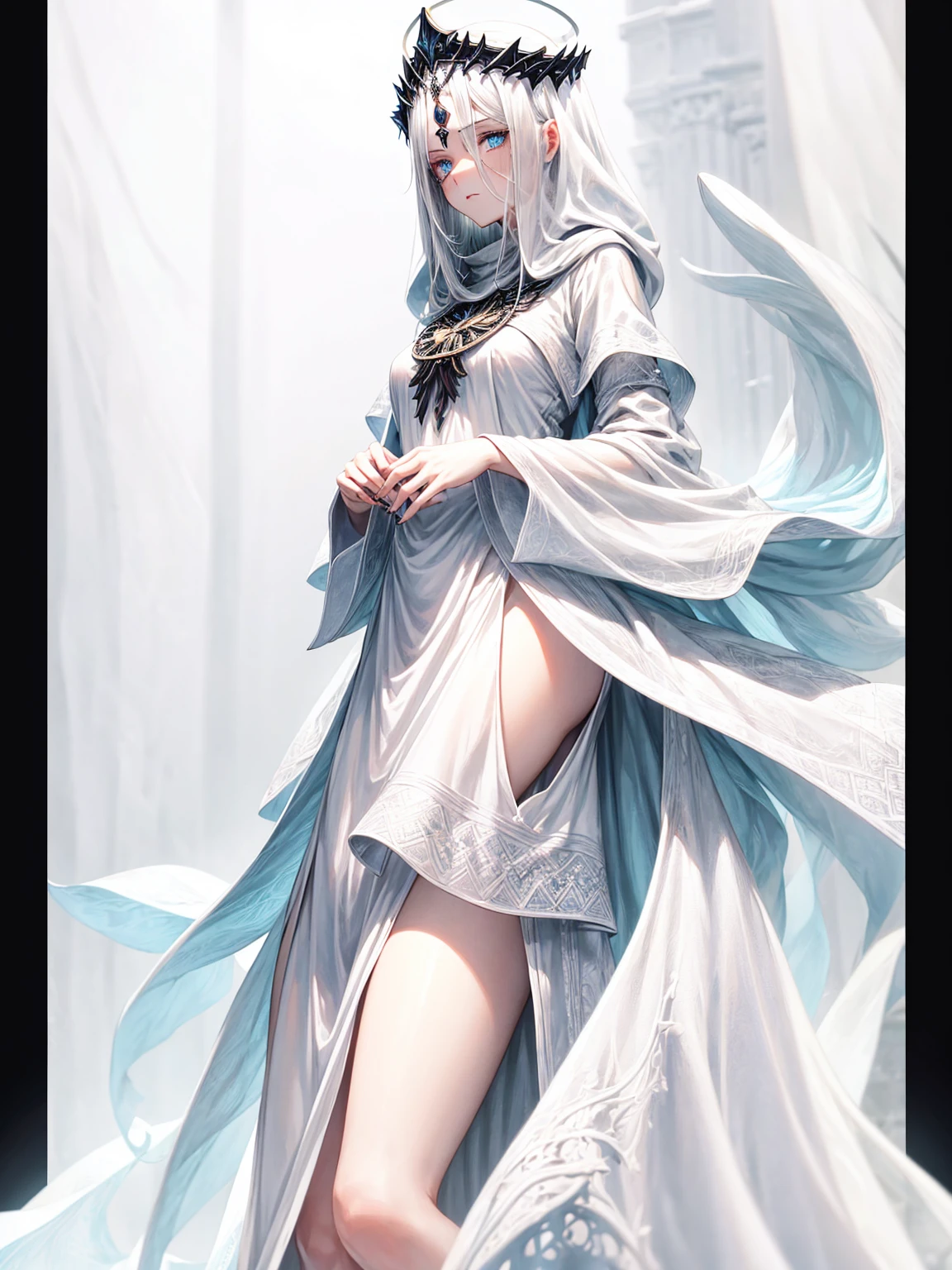 a beautiful ice goddess, wearing full hijab, good face, happy face, short hair, realistic eyes, ice magician, ice elemental, intricate design and details, chilling mist, cold, blizzard storm, conjuring ice spell, casting ice spell, detailed dress, (white ayaba:1.5), realistic ice effect, ((ice:1.5)), snow particles, dark fantasy art style, ruined city, dramatic lighting, cinematic,