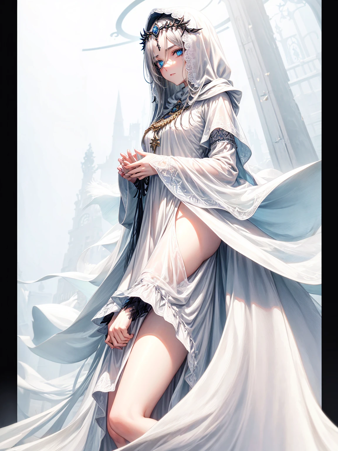 a young dark fantasy church priestess, with long black hair and white streaks, wearing an eyepatch on one eye, and her blueish green eyes, she cares a serious expression on her face and an angel like appearance, she wears elegant yet simple and modest black outfit, with some silver jewelry, she also wears a long see through veil on her head, with a faded sliver star shaped halo at the behind her head, she is holding her hands together symbolizing a prayer gesture.Long Hair, Black Hair, Blue eyes, mysterious, Hood, Halo, Anatomically Correct, Best Quality, Accurate, High Resolution, Looking at viewer, back view