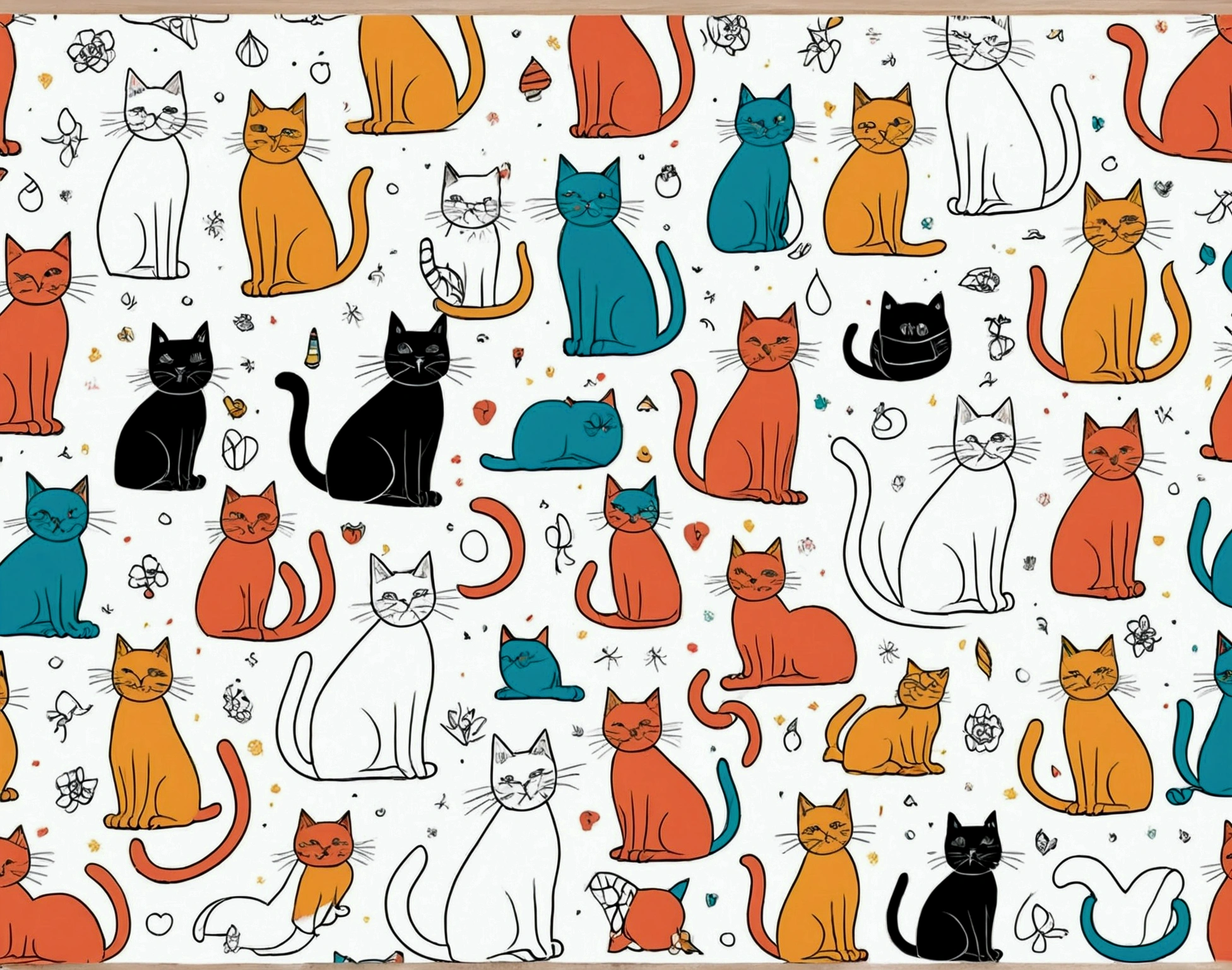 All motifs have a black line edge, colorful cats drawing style, Cats doing acrotics