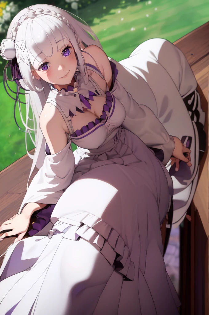 masterpiece, 1girl, Emilia, blunt bangs, long hair, crown braid,
white dress, detached collar, wide sleeves, x hair ornament, hair flower, hair ribbon, white thigh boots, cleavage, purple frills, pleated_white_skirt
sitting on bench, garden, arms at sides,
looking at viewer, (smile:1.2), blush, from above,