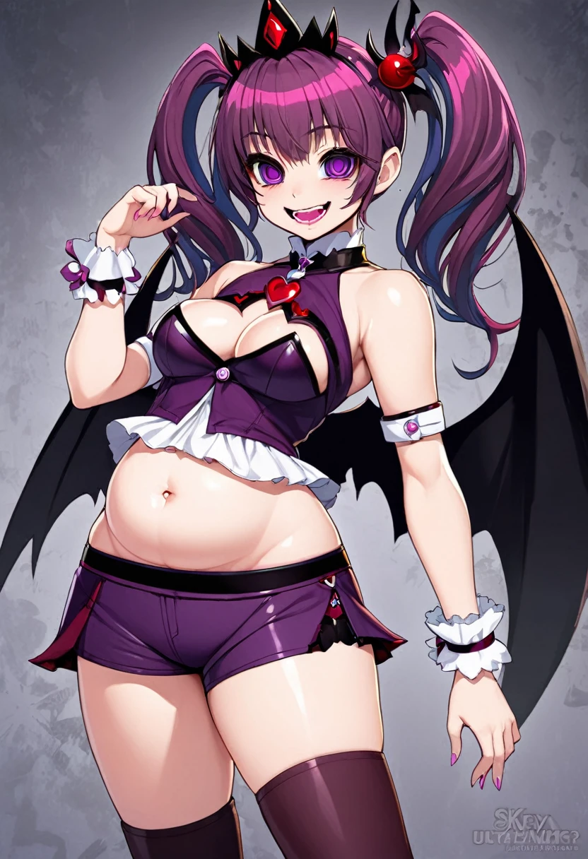 Cure Happy, Twin tails, Devil Wing Hair Ornament, skirt, tiara, Wrist cuff, Dark purple shorts, shorts under skirt, boots, , Hollow Eyes, Half-closed eyes, Wicked Smile, Crazy Smile, Open your mouth, One girl, Dark Magical Girl,Evil Fallen Magical Girl,Cast a Shadow,Highest quality,Skimpy,sexy,Sexy,Fall into Darkness,Villain,Costume with a visible belly ,(((C Cup))),Detailed Background