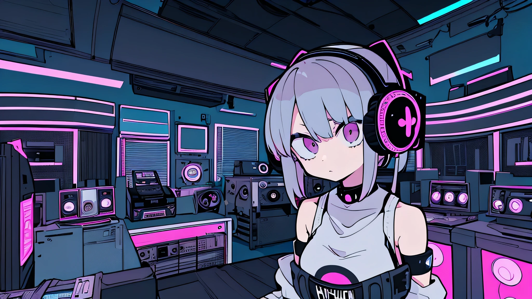 Best quality, (masterpiece), best detail face,1 girl, natural breasts, 18 yo, 8k,absurdres,unity 8k wall paper,(extremely detailed:1.3), highest realistic, (retro headphones:), (soft neon light:), (psychedelic), Her room full of music equipment and records, sports wear , See the whole room , dark grey color pallet