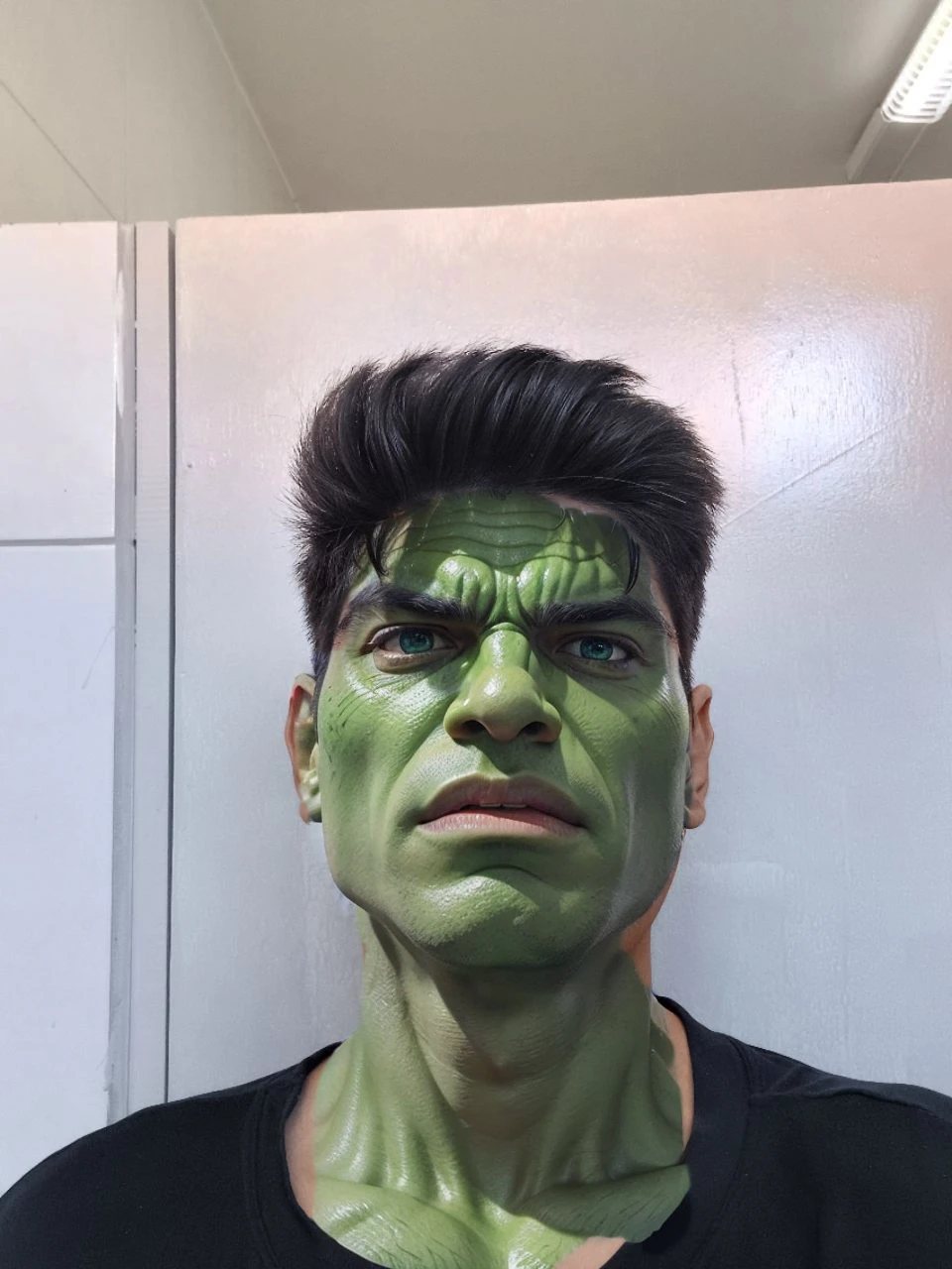 transform this image hulk style, with hulk features, green skin color, green eyes, realistic full hd detailed hulk style