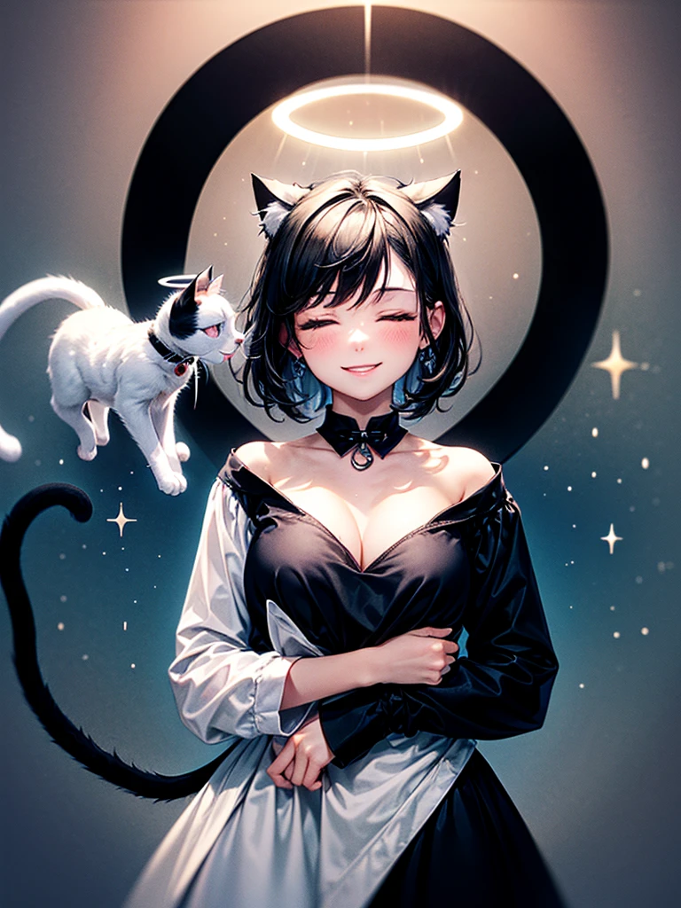 Highest Resolution,Highest quality,Beautiful girl with a smile and her eyes closed, with her hands on her chest,Night Sky,meteor,Starry Sky,In the sky1Animal(((Illusion of a black and white cat with a halo))),