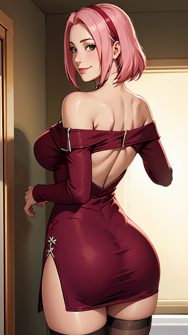 ((sexy sweater dress))((big ass))((off shoulder tight dress))(((Suit))), Masterpiece， The best quality at the best， 1girll， Sakura Haruno， BIG BREASTS,Off the shoulder clothing，transparent miniskirt ,（neckline)，（Closeup of upper body)，Sexy servant，is shy，smile，with pink hair， Long whitish hair， There is a woman with pink hair and stockings posing in a bathroom, Lower angle, illuminated from behind, on knees, thighs and skirt, on knees, peeping from behind, thighs close up, curvy accentuated booty, Hyperrealistic  in short dress , tucked knees, bend, hugging his knees, illuminated from below, View from behind in microtanga,in doll WITH THE THONG ON THE SIDE LETTING HER PUSSY BE SEEN