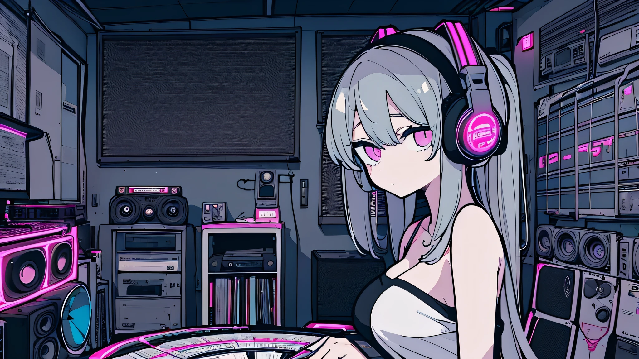 Best quality, (masterpiece), best detail face,1 girl, natural breasts, 18 yo, 8k,absurdres,unity 8k wall paper,(extremely detailed:1.3), highest realistic, (retro headphones:), (soft neon light:), (psychedelic), Her room full of music equipment and records, sports wear , See the whole room , dark grey color pallet