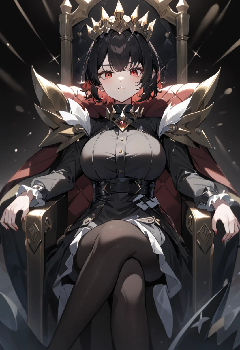 A sitting anime girl，Queen，short hair，Red eyes，Big breasts，Black pantyhose，gem，High and cold，Hands at your sides，throne，Black shark tail，Cross your legs