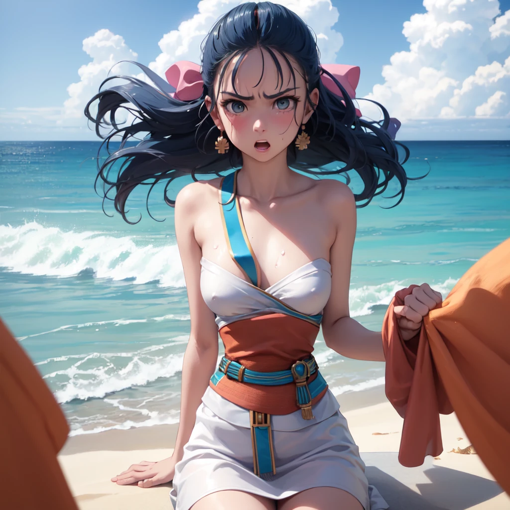 Nera、Hair Ribbon、Earrings、chest、Sash、（Highest quality、masterpiece、RAW Photos、Super detailed:1.2）、1 girl、小さなchest, Sitting, fist, Upper Body, Turn your body forward, hot, Sweating a lot, Wipe away sweat, looking at the camera, Ocean, beach, Beach, Angry