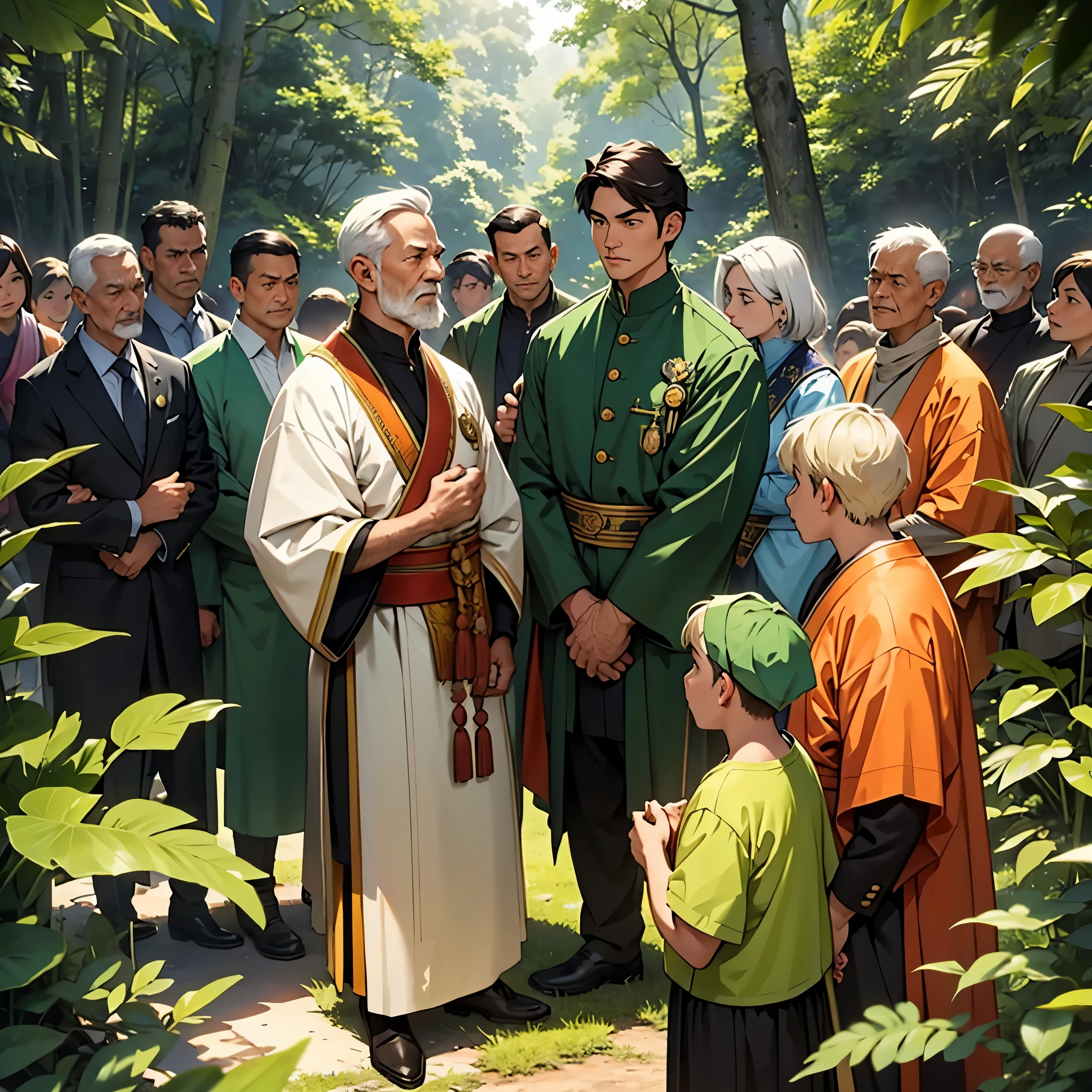 A scene of a respected man wearing a green advocate outfit, surrounded by people who admire and respect him. He stands at the center, projecting wisdom and confidence, with a gentle yet determined expression on his face. The background features a peaceful and inspiring community gathering, with lush greenery and soft sunlight filtering through the trees. People of different ages and backgrounds are gathered around him, some listening intently, others nodding in agreement, and a few expressing their gratitude, showcasing their admiration and trust in his guidance.