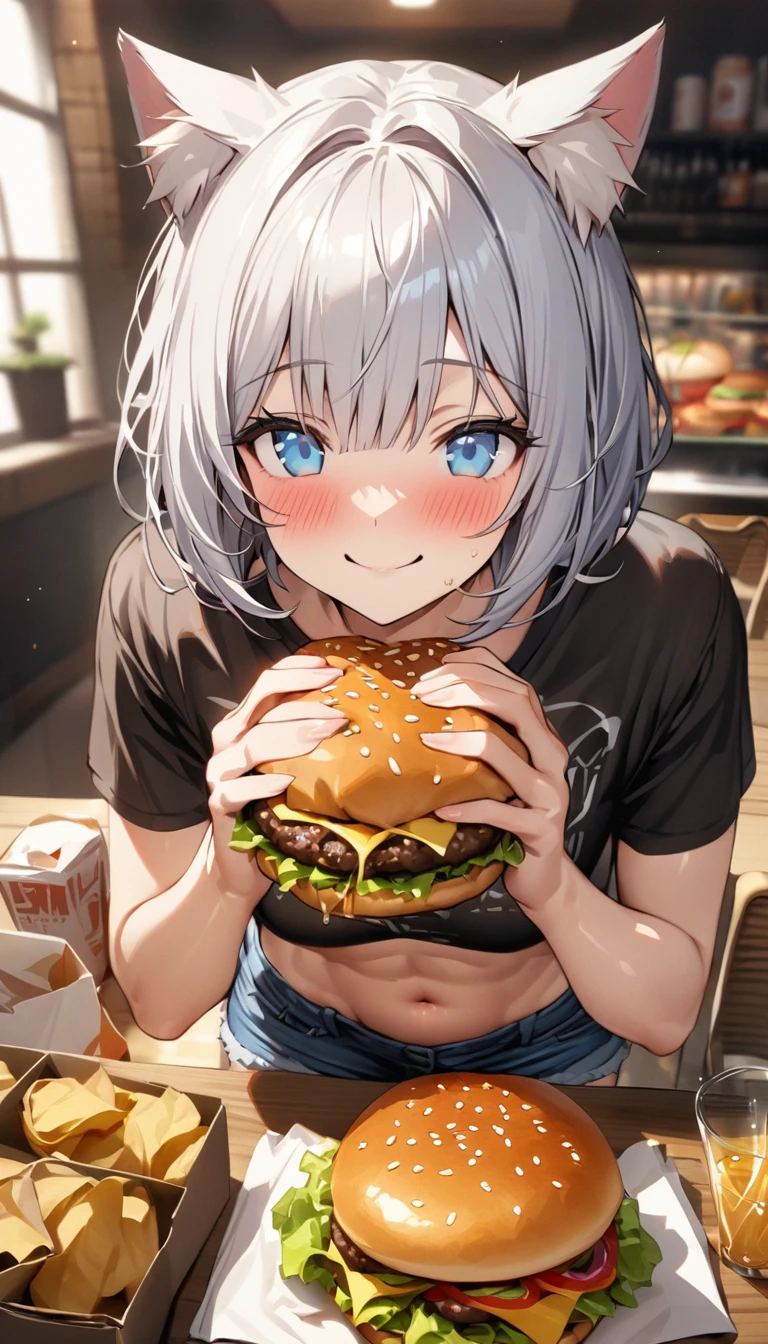 (((best quality)), ((masterpiece)), (details), masterpiece, best quality, high quality, ulutra detailed, perfect face, ((1girl, blue eyes, cat ears: 1.3 silver bob hair: 2.5,)) 、Shiny Hair、Glowing Skin、blush、Lustful look、smile、Eat a cheeseburger with both hands、Inside the hamburger shop、Potatoes, hamburgers and juice on the table、Munch on a cheeseburger、T-Shirts、I can see your toned stomach、Denim shorts、High-top sneakers、