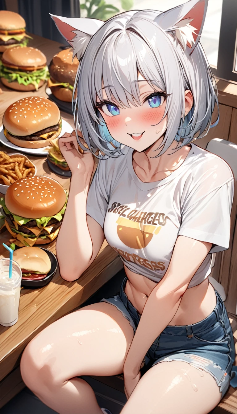 (((best quality)), ((masterpiece)), (details), masterpiece, best quality, high quality, ulutra detailed, perfect face, ((1girl, blue eyes, cat ears: 1.3 silver bob hair: 2.5,)) 、Shiny Hair、Glowing Skin、blush、Lustful look、smile、Eat a cheeseburger with both hands、Inside the hamburger shop、Potatoes, hamburgers and juice on the table、Munch on a cheeseburger、T-Shirts、I can see your toned stomach、Denim shorts、High-top sneakers、