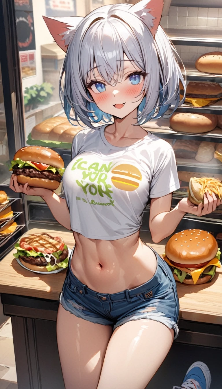 (((best quality)), ((masterpiece)), (details), masterpiece, best quality, high quality, ulutra detailed, perfect face, ((1girl, blue eyes, cat ears: 1.3 silver bob hair: 2.5,)) 、Shiny Hair、Glowing Skin、blush、Lustful look、smile、Eat a cheeseburger with both hands、Inside the hamburger shop、Potatoes, hamburgers and juice on the table、Munch on a cheeseburger、T-Shirts、I can see your toned stomach、Denim shorts、High-top sneakers、