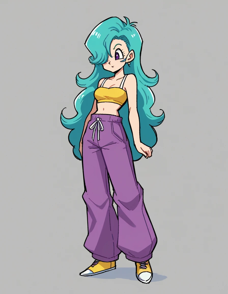 ,stkyswt, zPDXL, score_9, score_8_up, score_7_up, source_anime, BREAK sketch, flat color, 1girl, solo, purple eyes, vivziepop, full body, lineart, dragon ball, very long hair, yellow tube top, portrait, hair over one eye, aqua hair, medium breasts, purple eyes, baggy plack pants