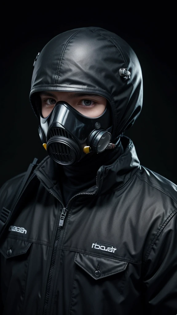 Man in autonomous gas mask and dark background