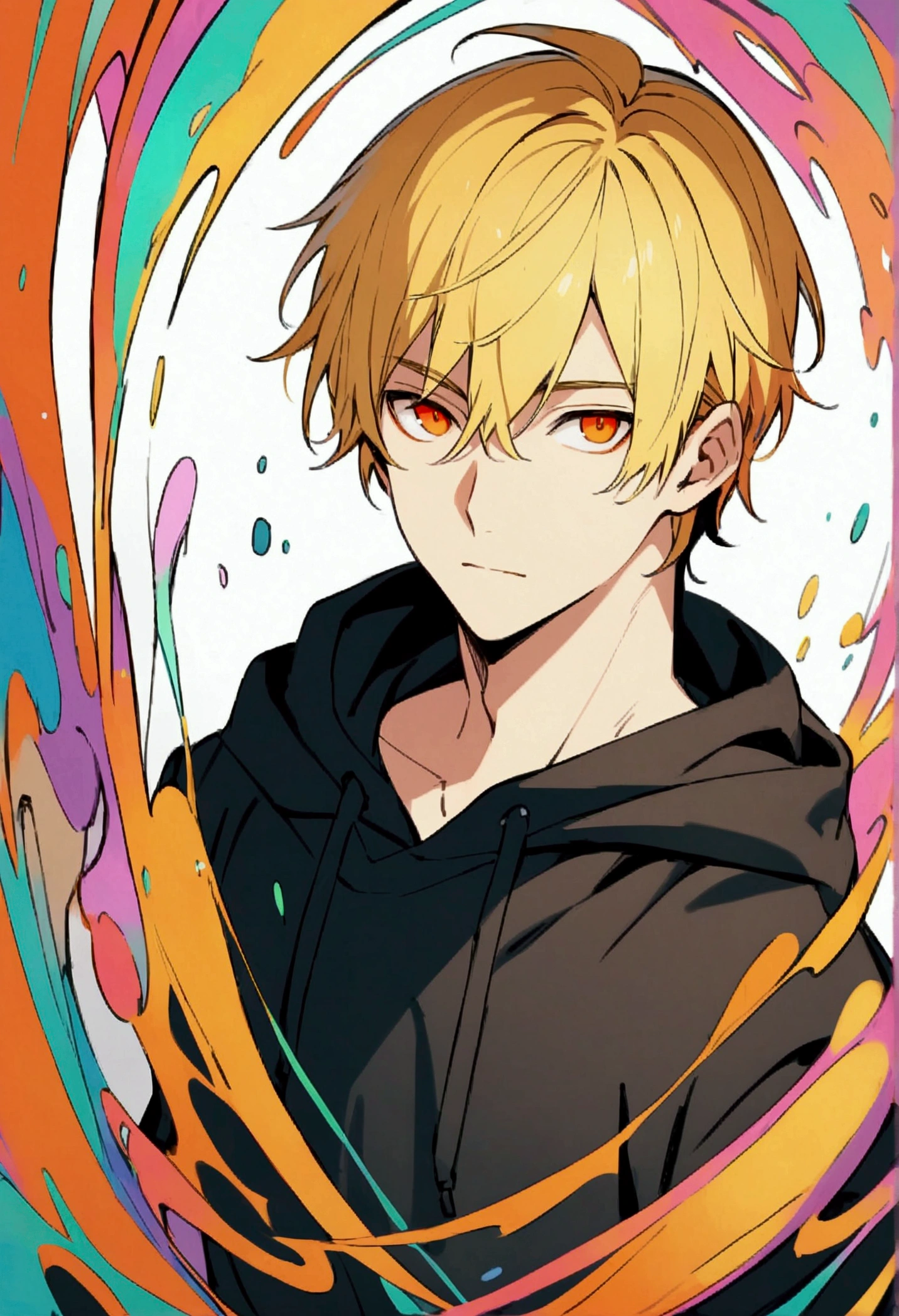 Handsome young man, blond, Orange Eyes, short hair, Black Hoodie,high quality, Draw Amount, pixiv illustrations