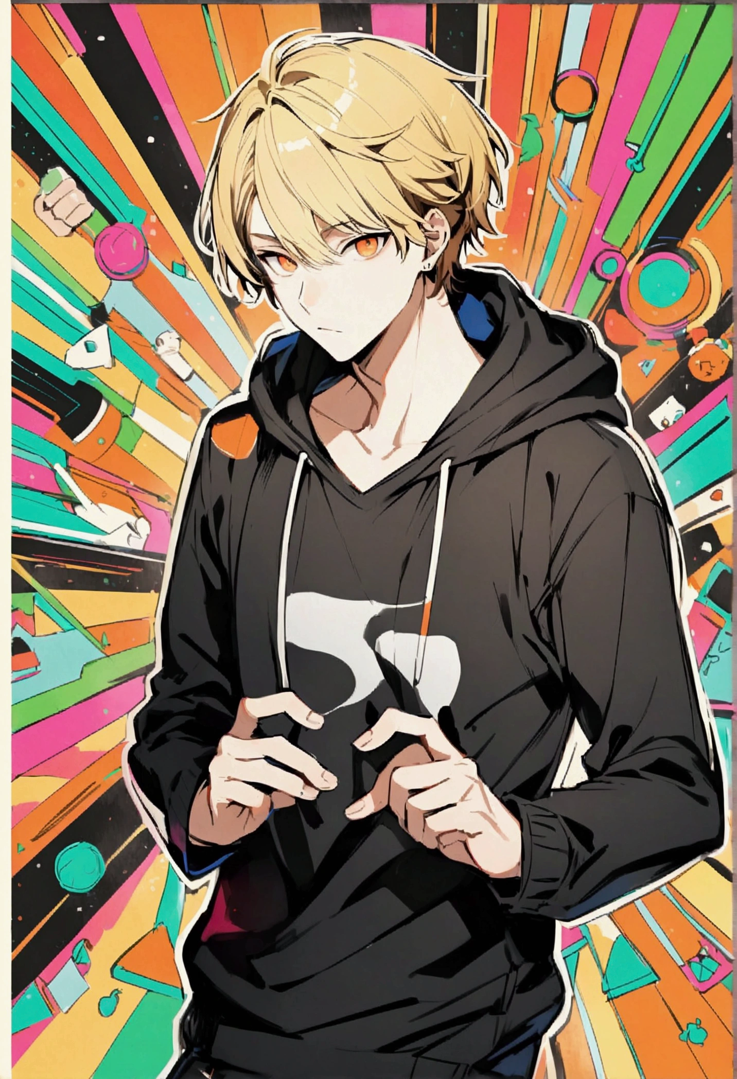 Handsome young man, blond, Orange Eyes, short hair, Black Hoodie,high quality, Draw Amount, pixiv illustrations