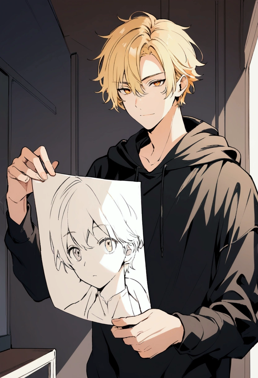 Handsome young man, blond, Orange Eyes, short hair,  Black Hoodie,high quality, Draw Amount, pixiv illustrations