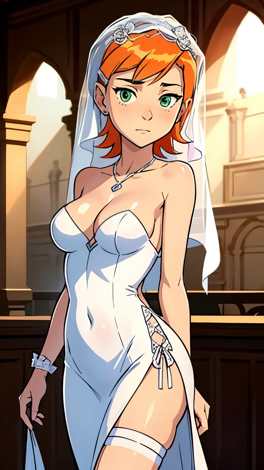 score_9_up, score_8_up, score_7_up, Gwendolyn_Tennyson, with medium breast, lean body, wearing sexy bride dress, wearing bride veil, wearing bride thigh band, looking at viewer, cute