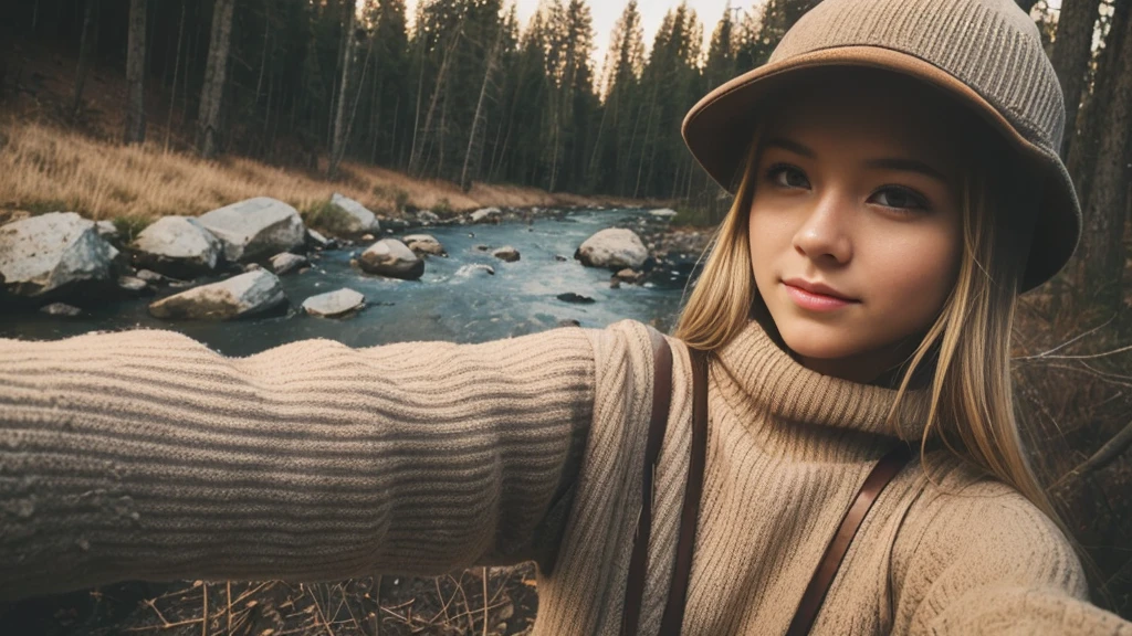 VeronicaCipher ((Upper body selfie, Happy)), masutepiece, of the highest quality, Ultra Detail, Solo, Outdoors, (Night), mont, Nature, (Star, Moon) Cheerful, Happy, hand armor, Sweaters, hat, flash lights, forest, Rock, River, Wood, Smoke, Shadow, Contrasty, crystal clear skies, analog style (look at viewr:1.2) (Skin Texture) (Film grain: 1.3), (Warm shades, Warm tones): 1.2), close-up, Cinematic Light, side lights, Ultra High Resolution, Best Shadow, raw, wearing pullover, kodak vision 3,